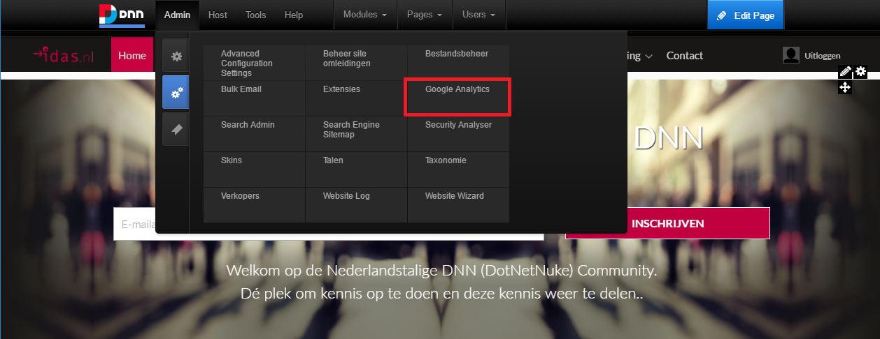 Screenshot van Google Analytics module in DNN