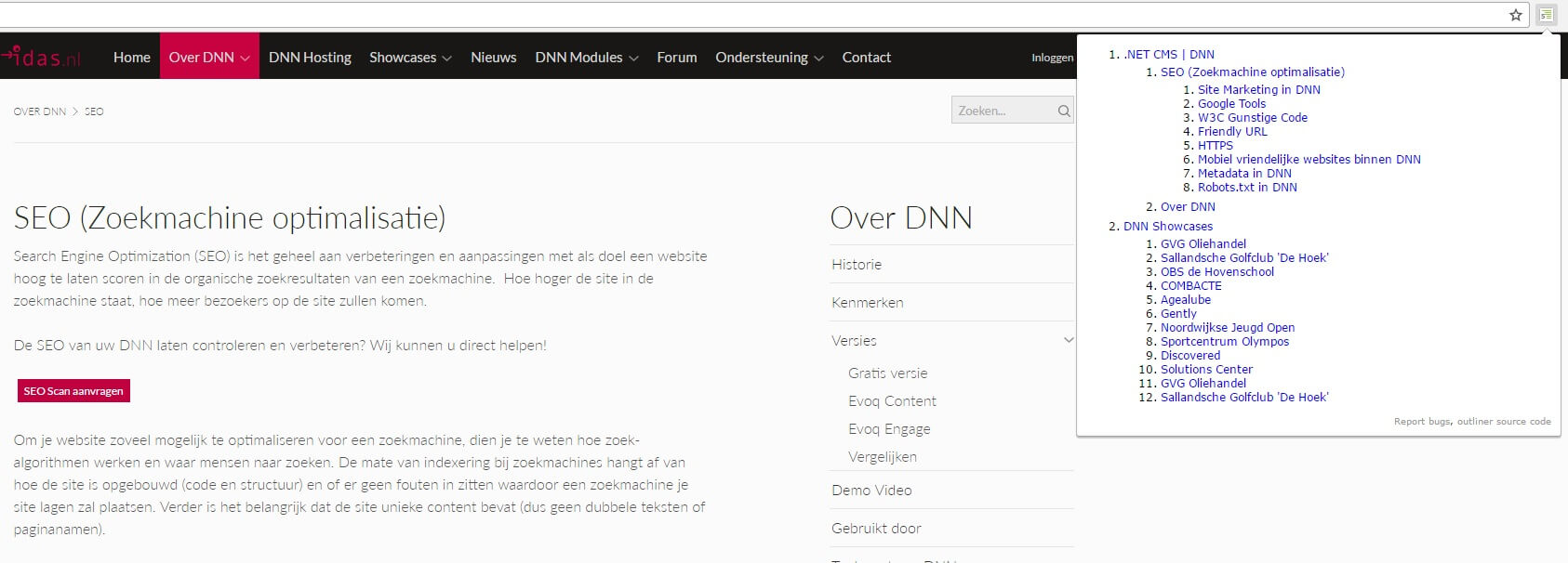 Voorbeeld van de outline het HTML document van DNN